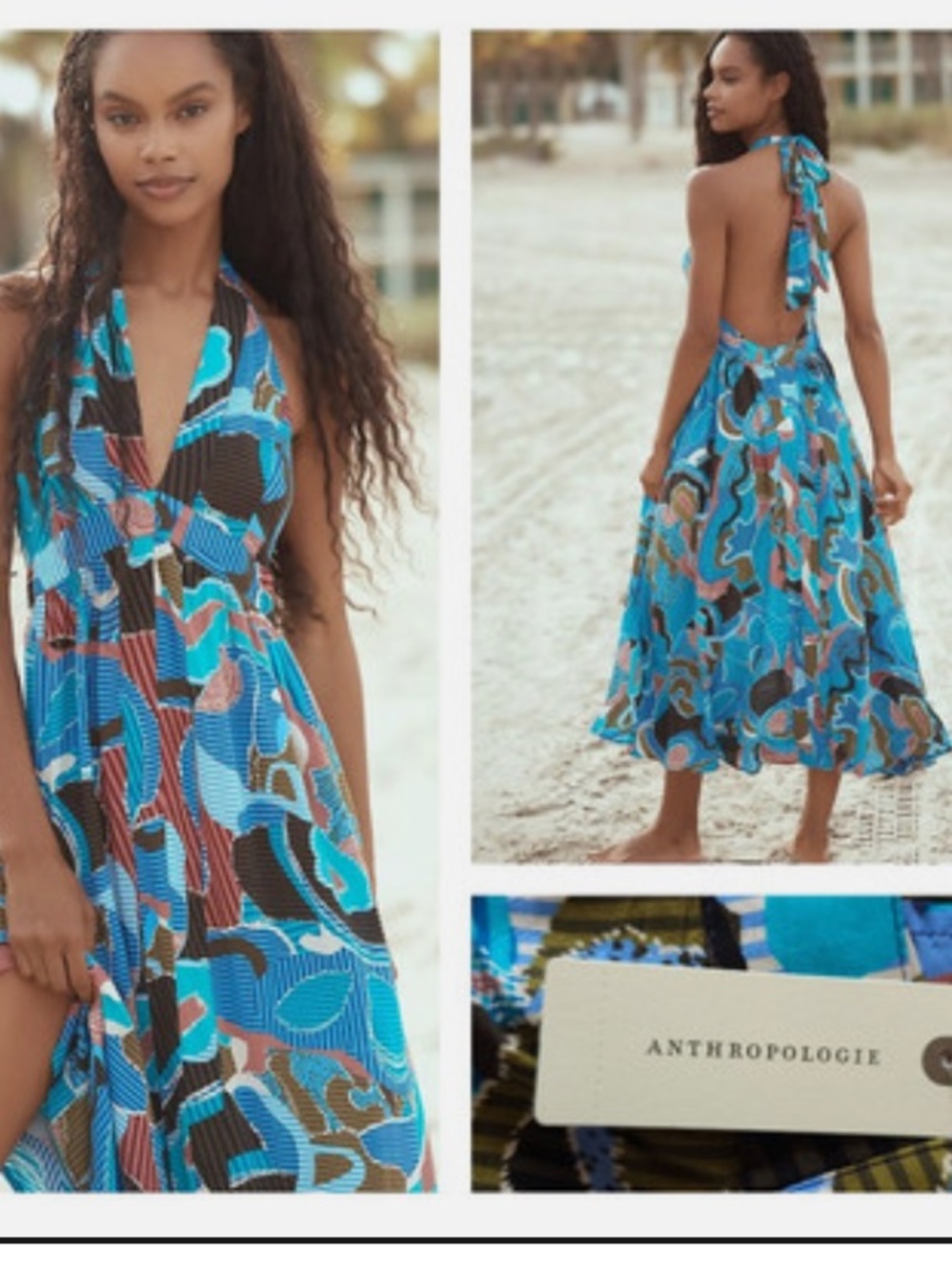 Anthropologie Blue Multi Halter Midi Dress XL